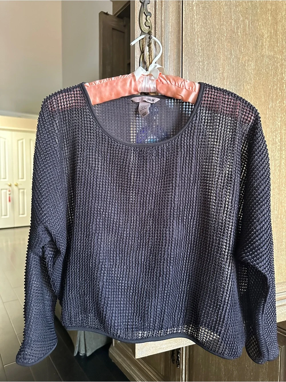 H&M Black Open-Weave Boxy Long Sleeve Mesh Top Size 10 EUC!